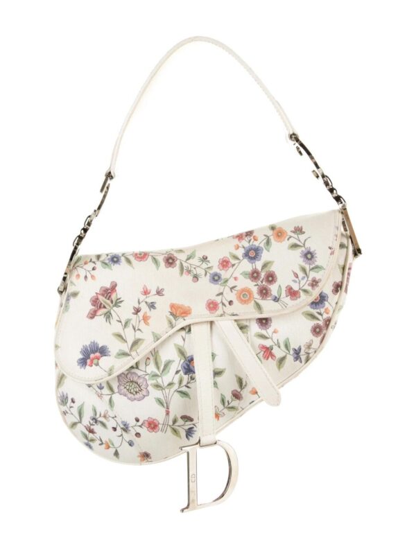 Authentic Christian Dior White Canvas Floral Print Mini Saddle Bag Pre-Owned - Luxury Pre-Owned Designer Bag
