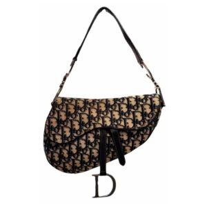 Authentic Christian Dior Beige Navy Canvas Oblique Saddle Shoulder Bag Pre-Owned - Luxury Pre-Owned Designer Bag