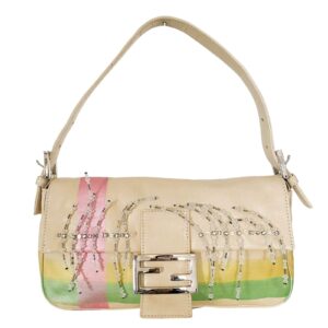 Authentic Fendi Baguette Cream Leather Beads Embroidered Pre-Owned - Luxury Pre-Owned Designer Bag