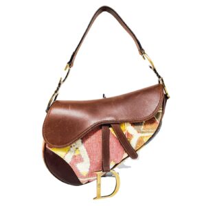 Authentic Christian Dior Saddle Brown Leather Printed Velvet Shoulder Bag Pre-Owned - Luxury Pre-Owned Designer Bag