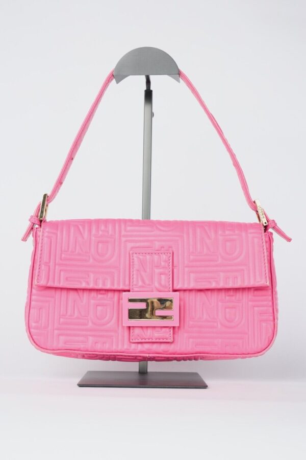 Authentic Fendi Pink Logo Embossed Nappa Leather Baguette Bag Pre-Owned - Luxury Pre-Owned Designer Bag