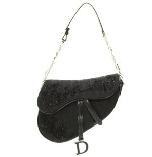 Authentic Christian Dior Galliano Black Nylon Floral Beaded Saddle Bag Mini Pre-Owned - Luxury Pre-Owned Designer Bag