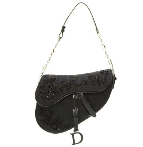 Authentic Christian Dior Galliano Black Nylon Floral Beaded Saddle Bag Mini Pre-Owned - Luxury Pre-Owned Designer Bag