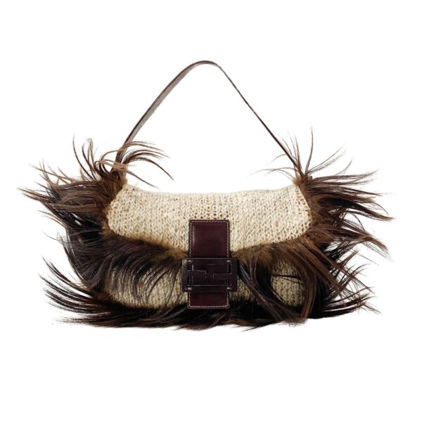 Authentic Fendi Baguette In Beige Wool Knit With Brown Fur Shoulder Bag Pre-Owned - Luxury Pre-Owned Designer Bag